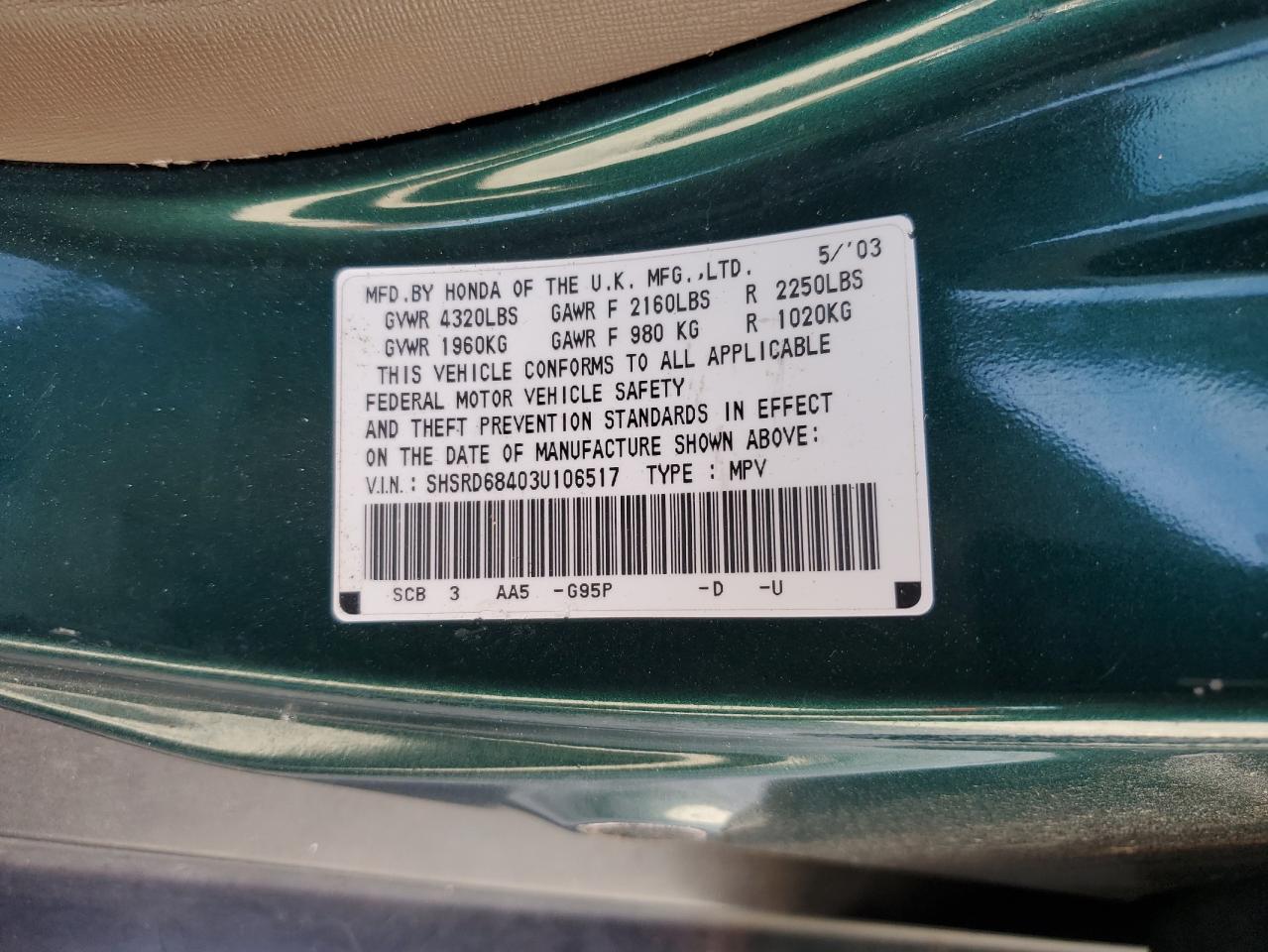 2003 Honda Cr-V Lx VIN: SHSRD68403U106517 Lot: 92933795