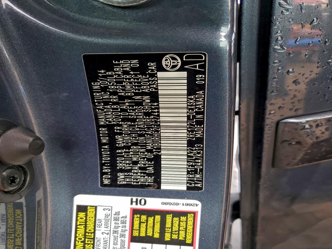 2015 Toyota Corolla L VIN: 2T1BURHE2FC274414 Lot: 93431325