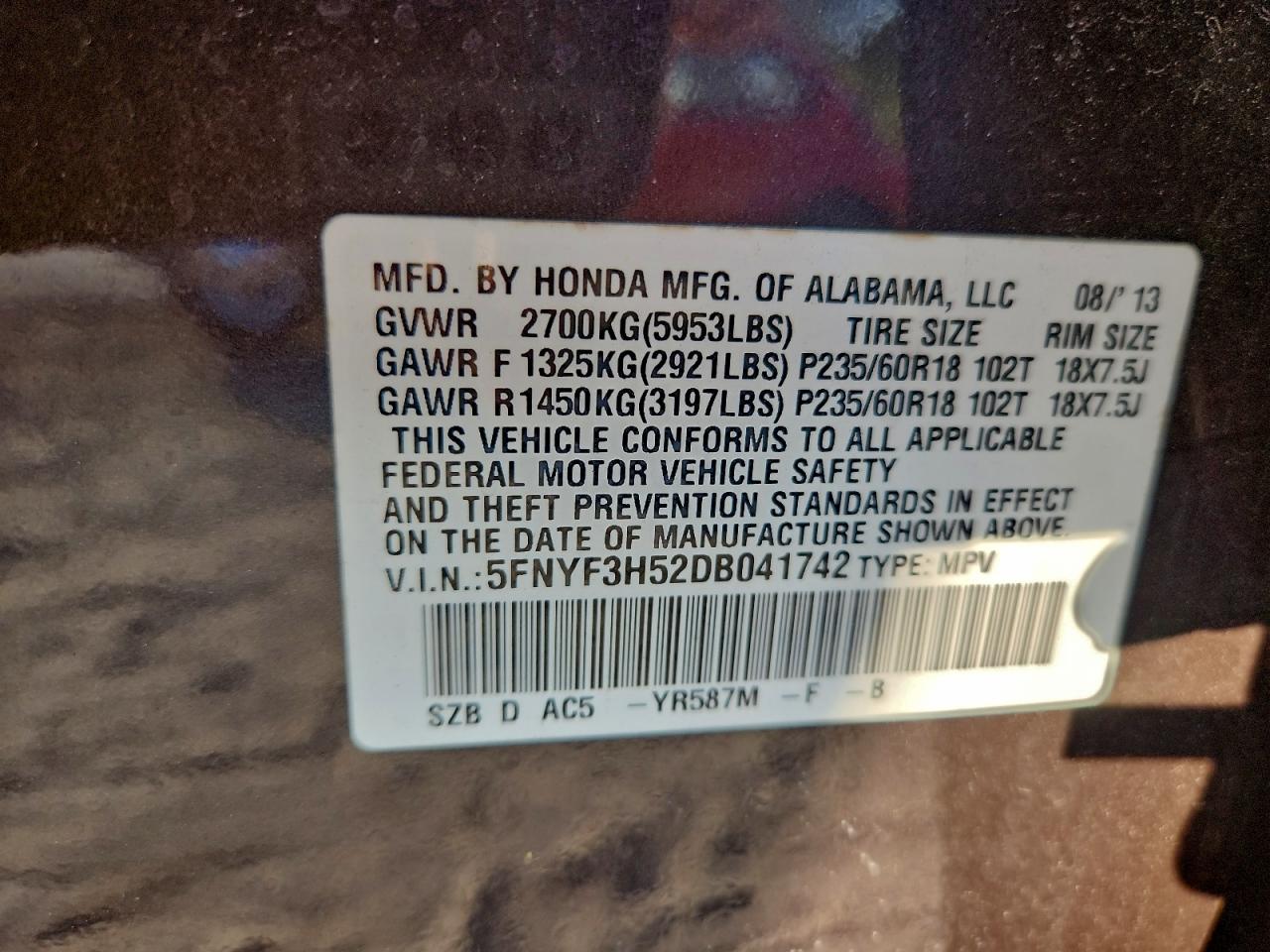 2013 Honda Pilot Exl VIN: 5FNYF3H52DB041742 Lot: 94109395