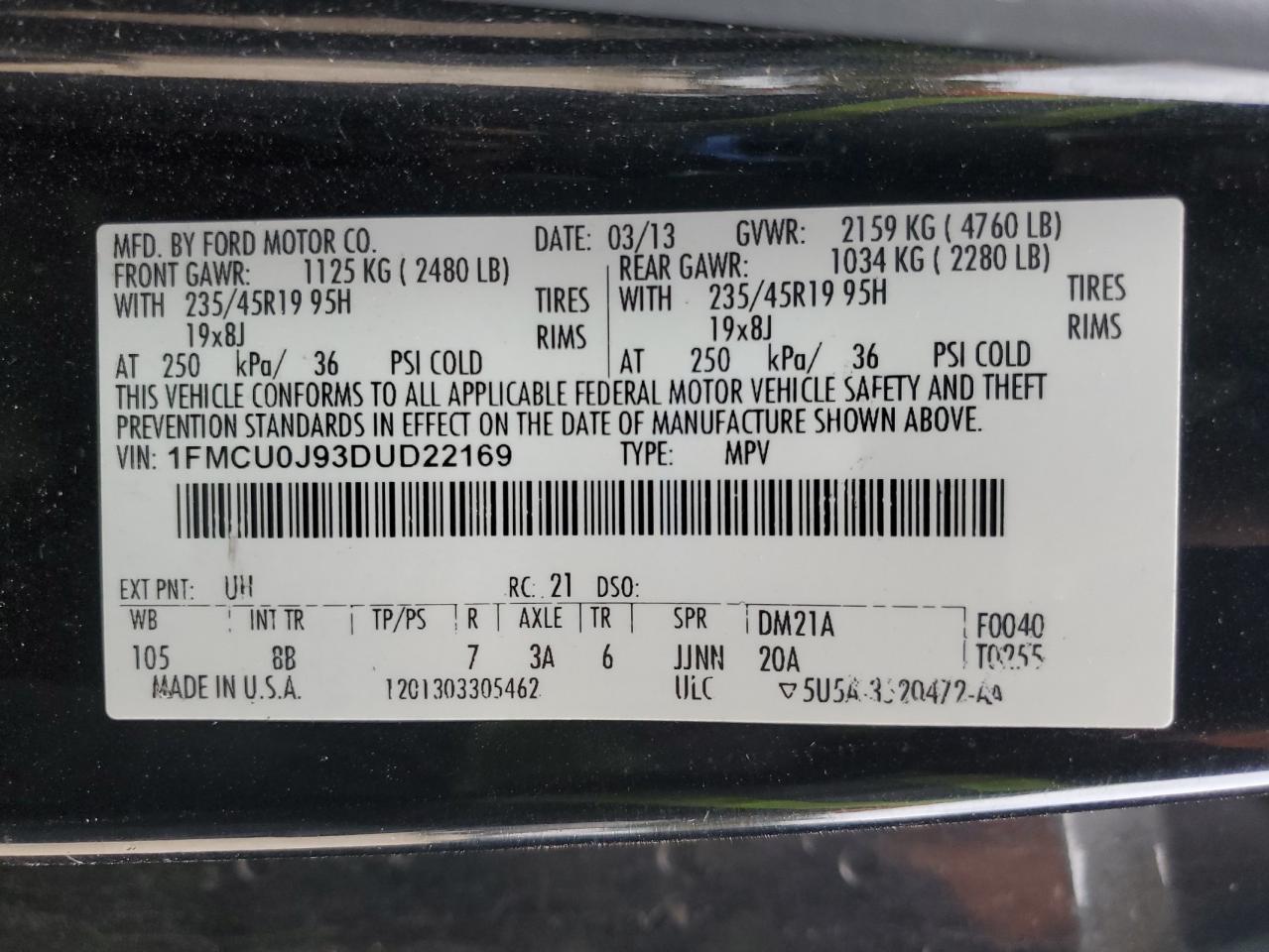 2013 Ford Escape Titanium VIN: 1FMCU0J93DUD22169 Lot: 91318525