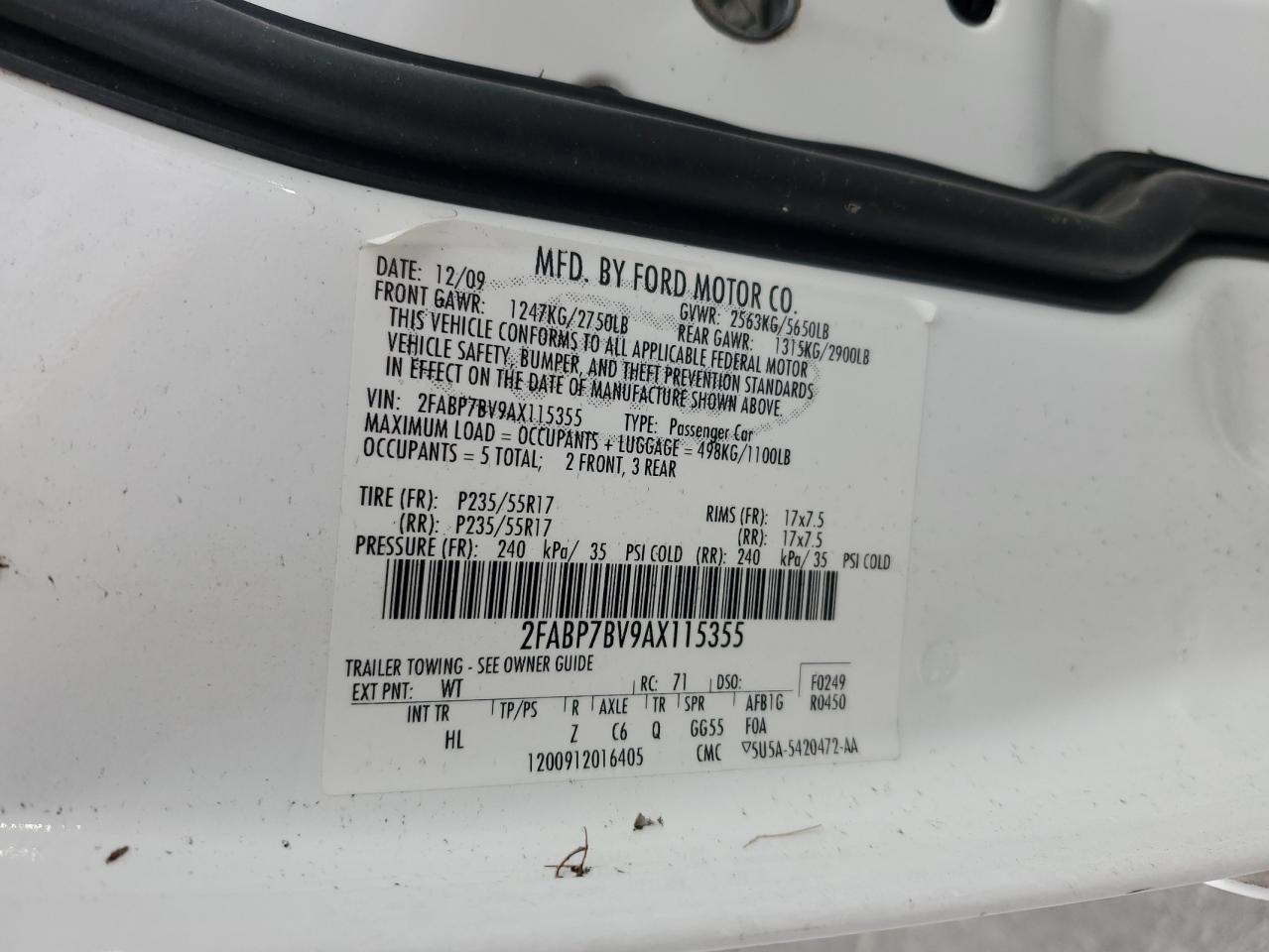 2010 Ford Crown Victoria Police Interceptor VIN: 2FABP7BV9AX115355 Lot: 93475275