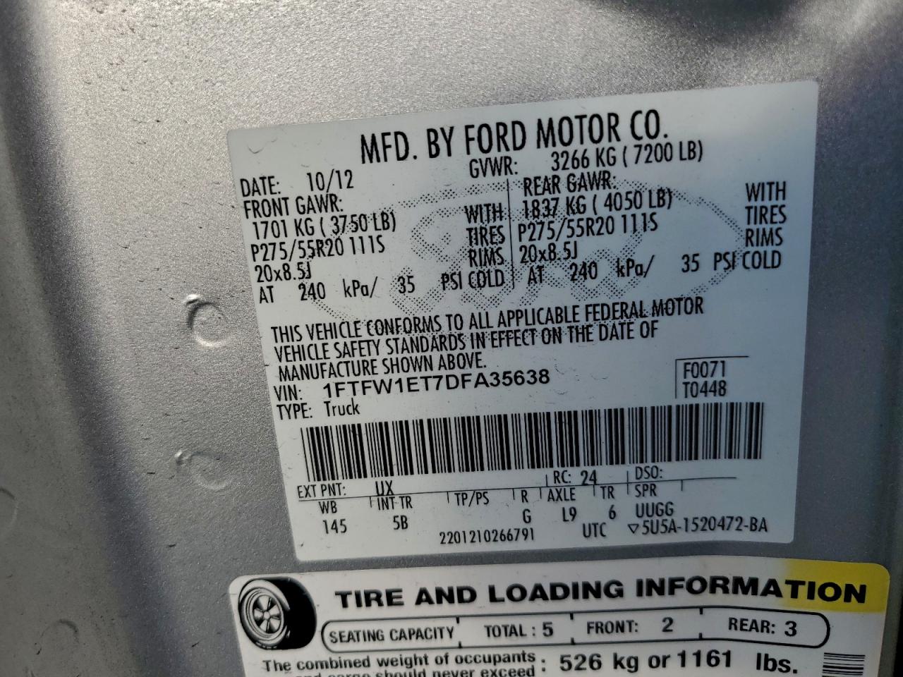 2013 Ford F150 Supercrew VIN: 1FTFW1ET7DFA35638 Lot: 94031975