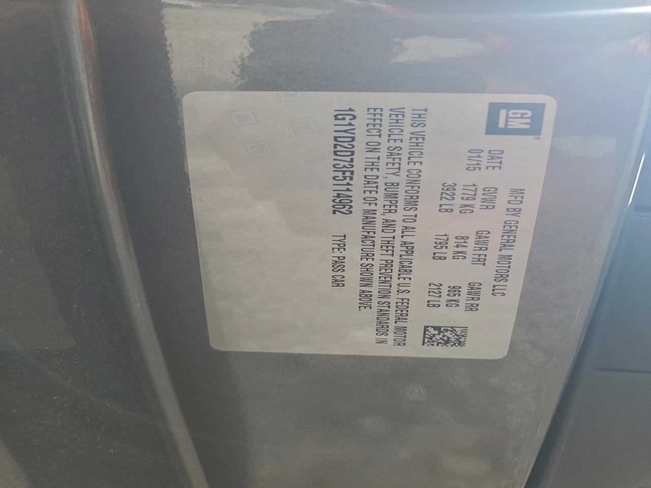 2015 Chevrolet Corvette Stingray 2Lt VIN: 1G1YD2D73F5114962 Lot: 93618035