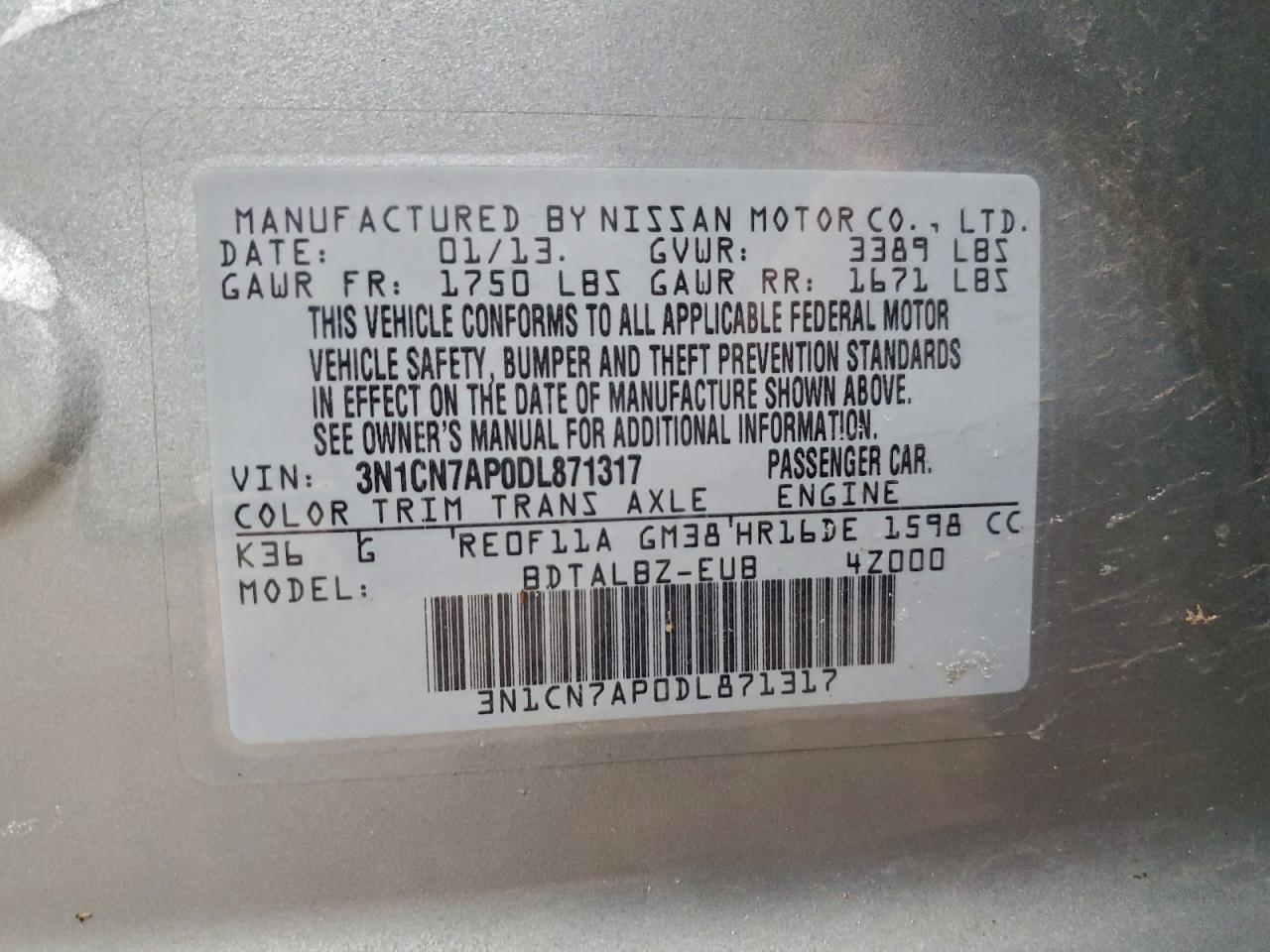 2013 Nissan Versa S VIN: 3N1CN7AP0DL871317 Lot: 94215915