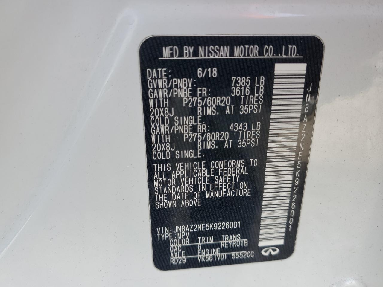 2019 Infiniti Qx80 Luxe VIN: JN8AZ2NE5K9226001 Lot: 87382675