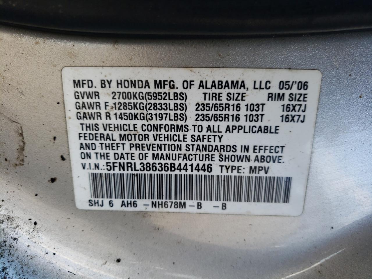 2006 Honda Odyssey Exl VIN: 5FNRL38636B441446 Lot: 92074175