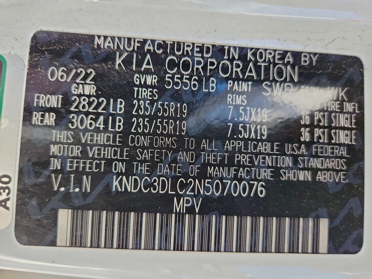 2022 Kia Ev6 Light VIN: KNDC3DLC2N5070076 Lot: 94308405