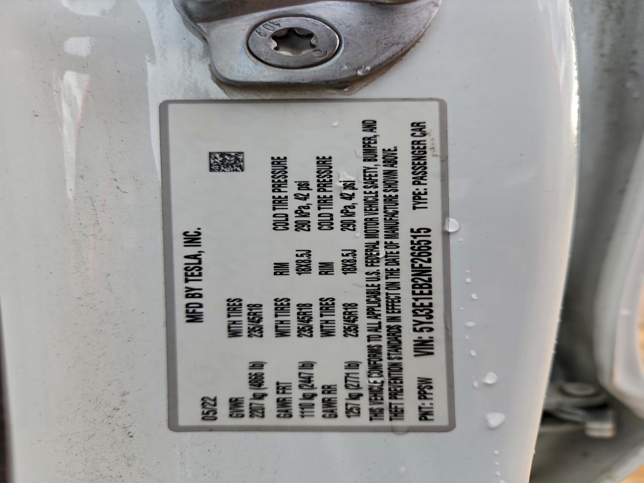 2022 Tesla Model 3 VIN: 5YJ3E1EB2NF266515 Lot: 93884445