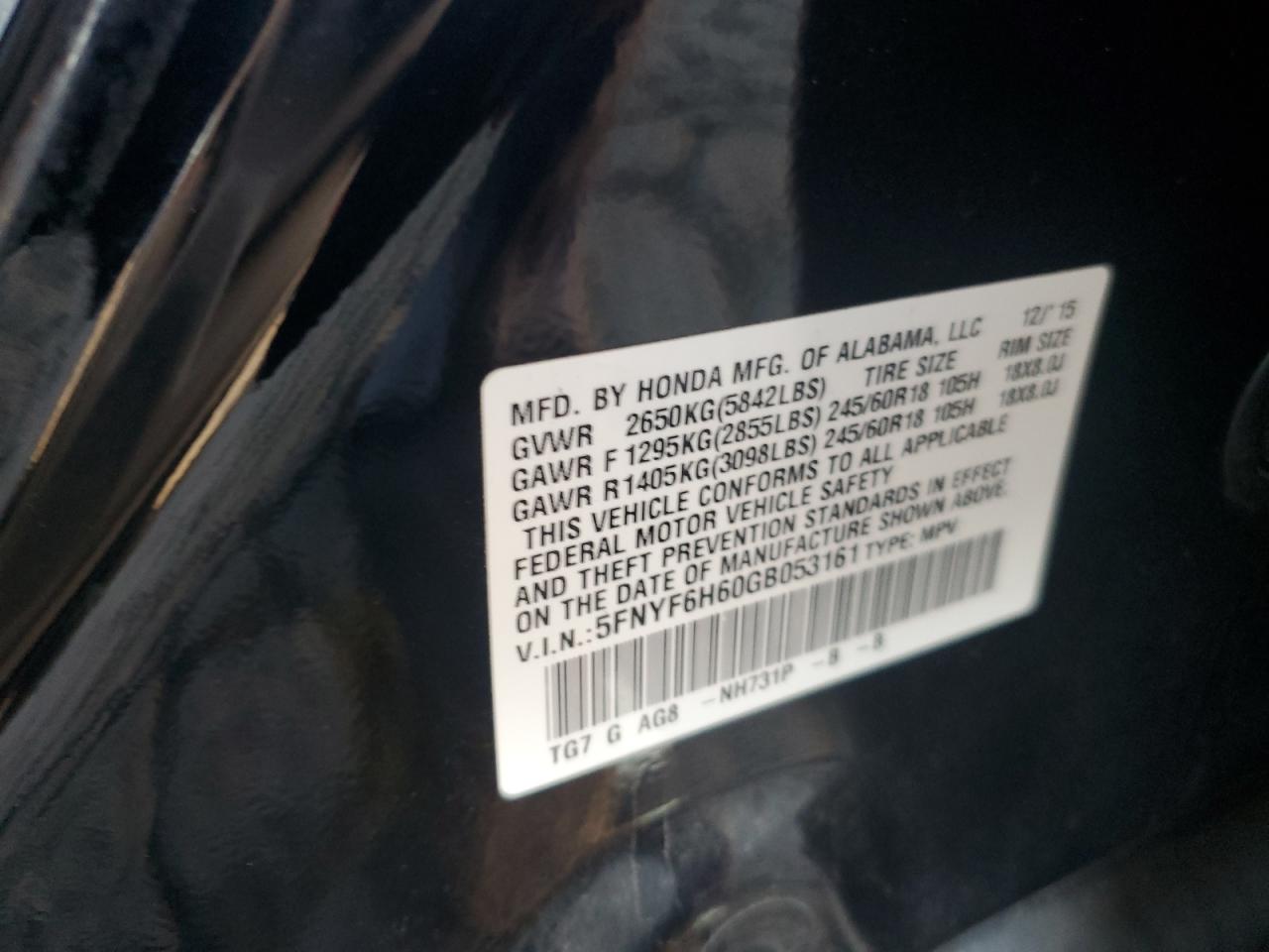 2016 Honda Pilot Exl VIN: 5FNYF6H60GB053161 Lot: 87452485