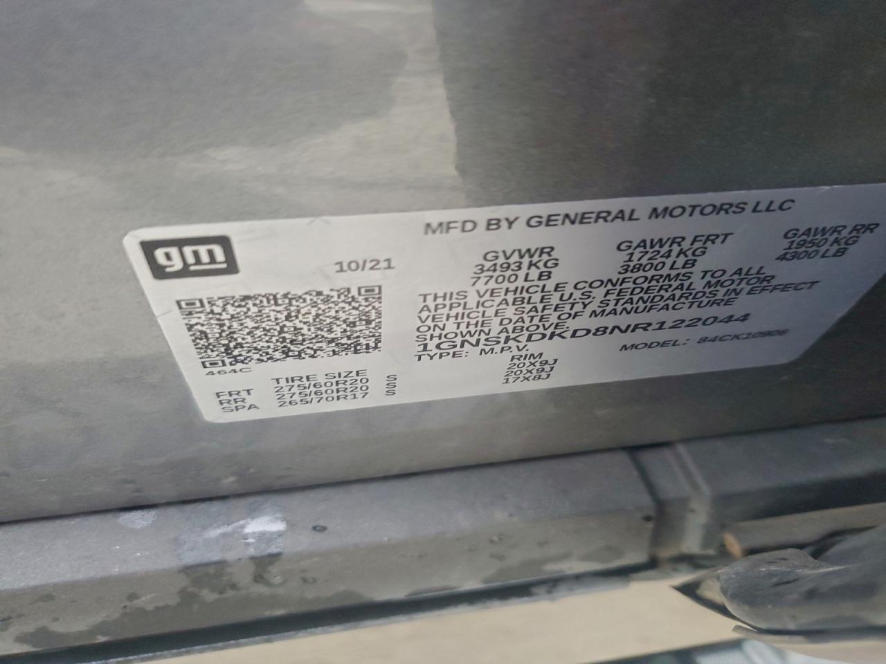 2022 Chevrolet Suburban K1500 Z71 VIN: 1GNSKDKD8NR122044 Lot: 93102105