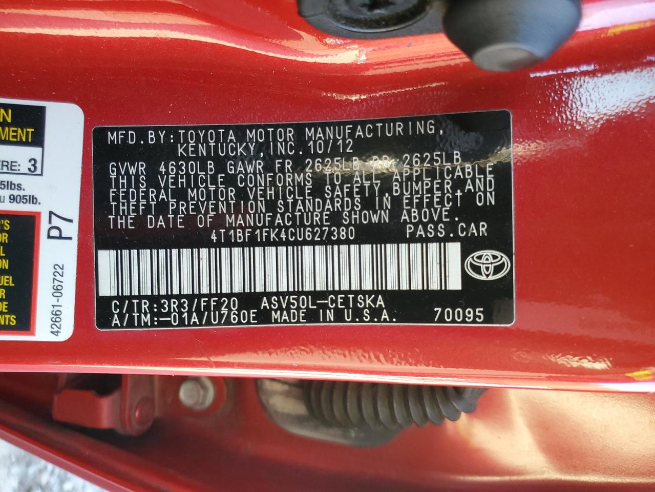 2012 Toyota Camry Base VIN: 4T1BF1FK4CU627380 Lot: 92349615