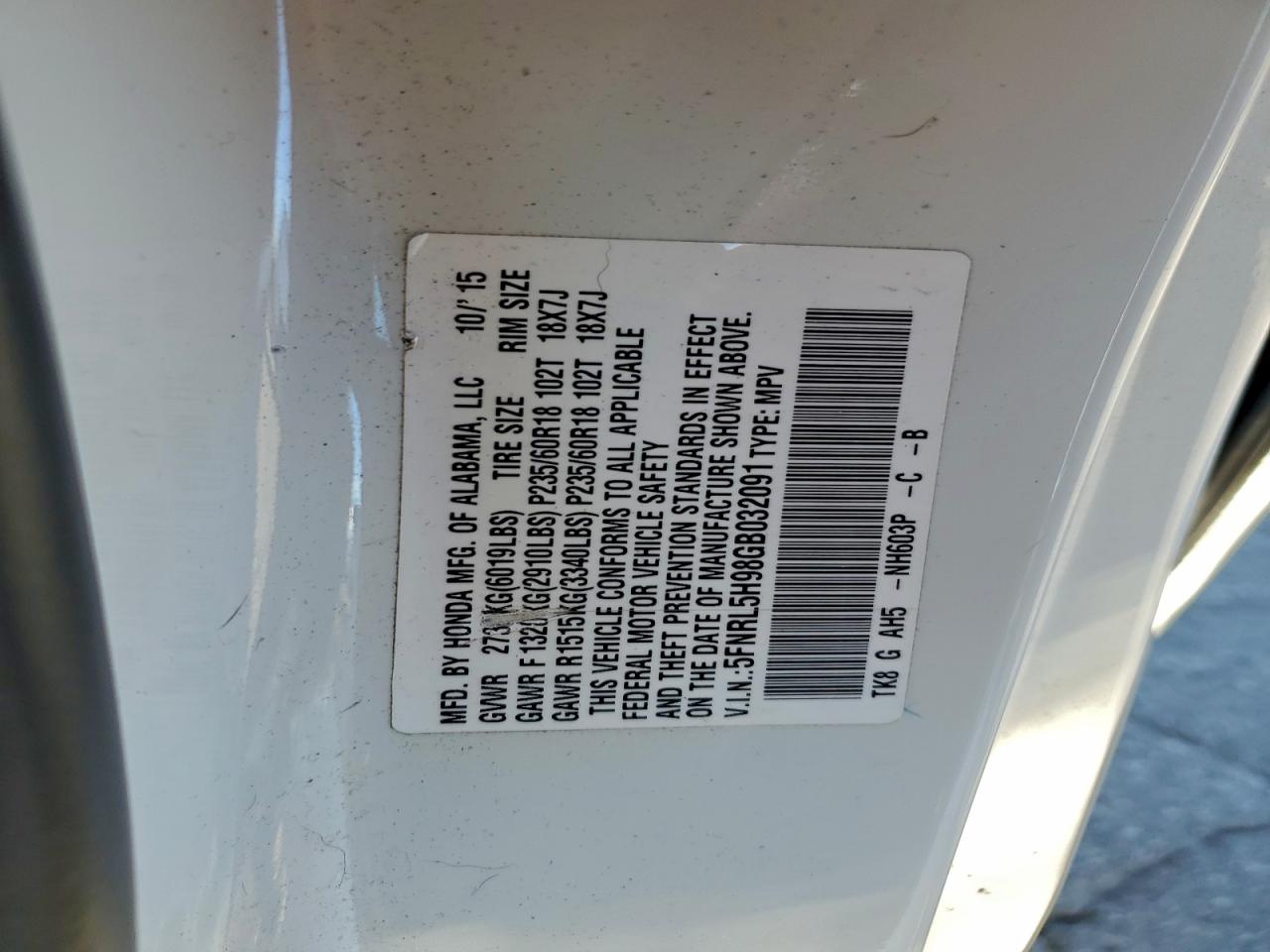 2016 Honda Odyssey Touring VIN: 5FNRL5H98GB032091 Lot: 94362765