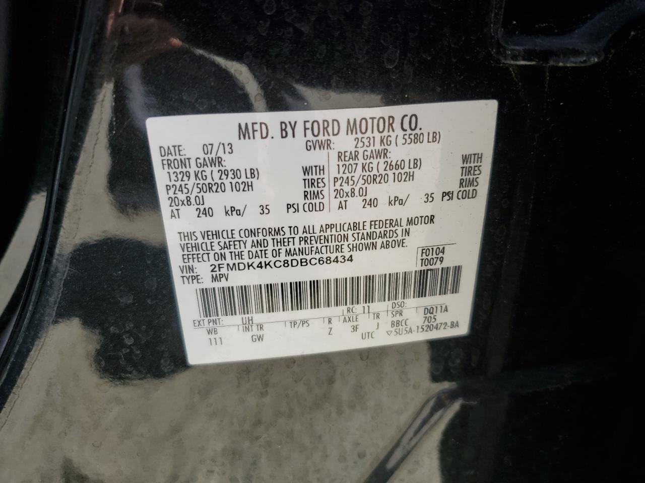 2013 Ford Edge Limited VIN: 2FMDK4KC8DBC68434 Lot: 92020475