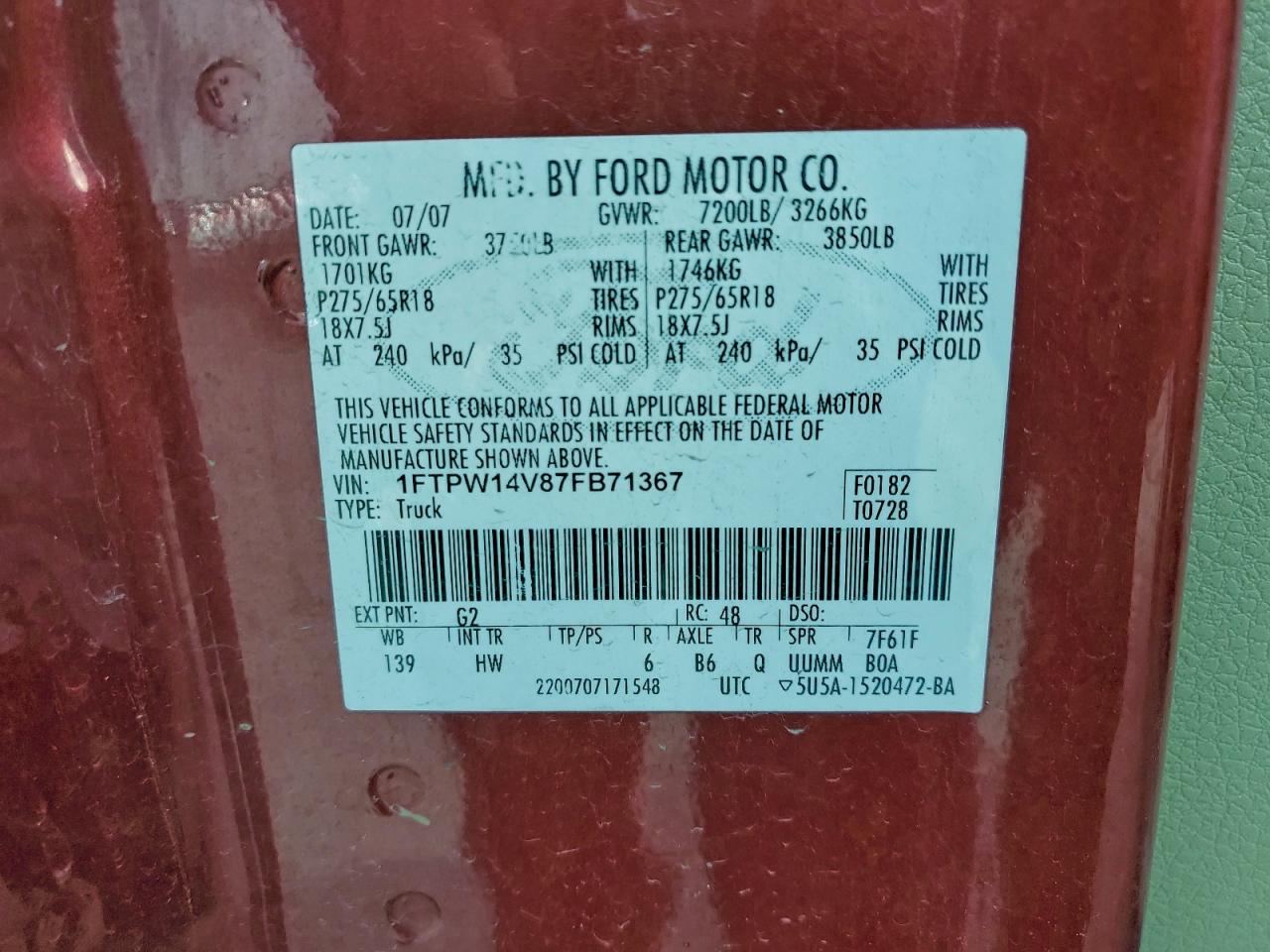 2007 Ford F150 Supercrew VIN: 1FTPW14V87FB71367 Lot: 93932545