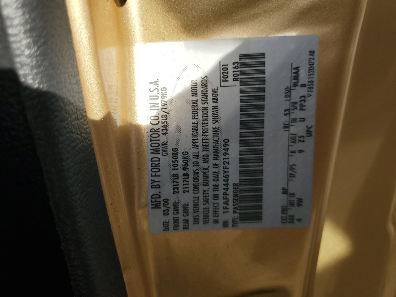 2000 Ford Mustang VIN: 1FAFP4446YF219490 Lot: 91240845