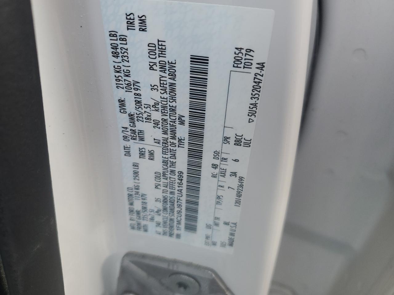 2015 Ford Escape Titanium VIN: 1FMCU9J97FUA16499 Lot: 91767705