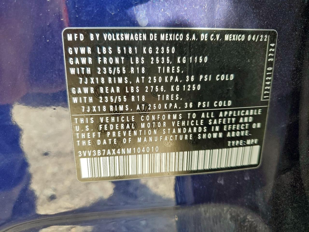 2022 Volkswagen Tiguan Se VIN: 3VV3B7AX4NM104010 Lot: 94317585