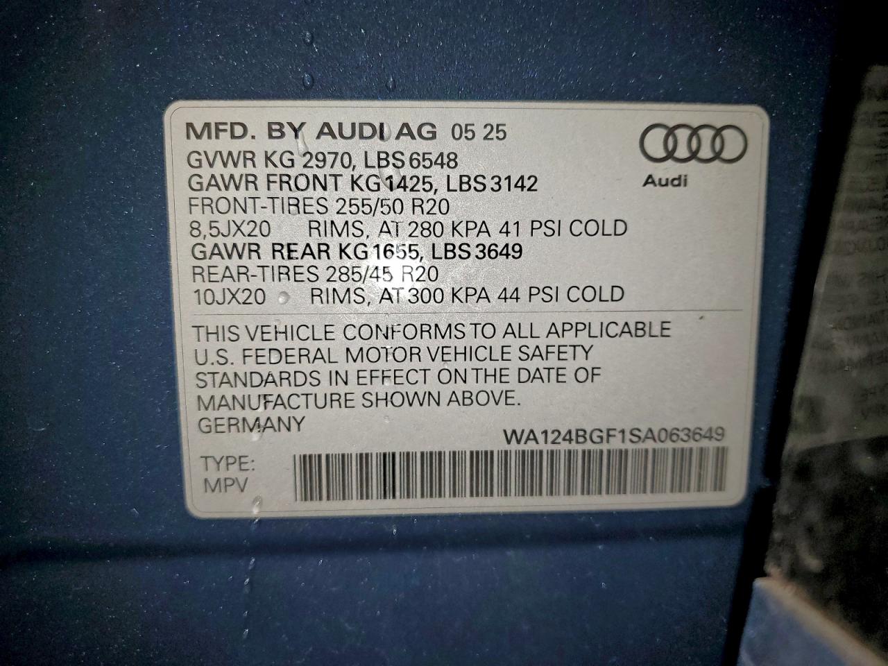 2025 Audi Q6 E-Tron Premium Plus VIN: WA124BGF1SA063649 Lot: 94045725