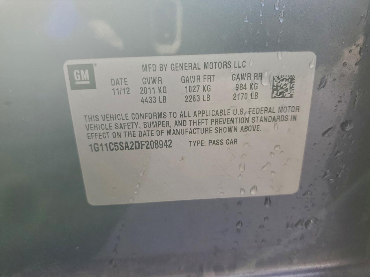 2013 Chevrolet Malibu 1Lt VIN: 1G11C5SA2DF208942 Lot: 93693225