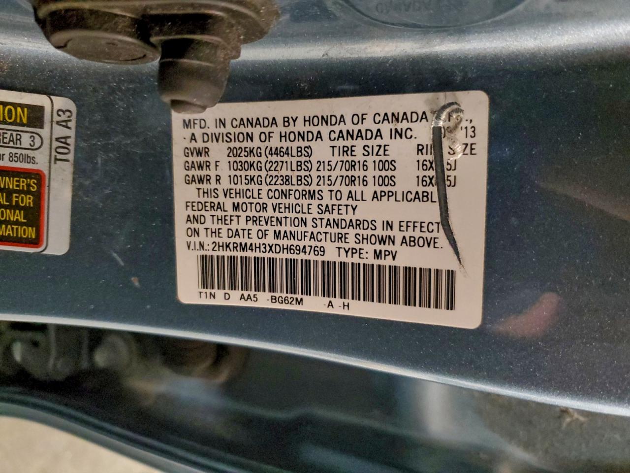 2013 Honda Cr-V Lx VIN: 2HKRM4H3XDH694769 Lot: 94154645