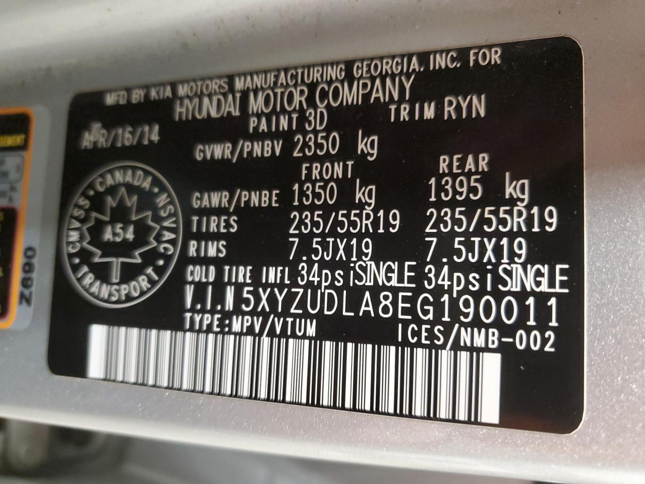 2014 Hyundai Santa Fe Sport VIN: 5XYZUDLA8EG190011 Lot: 92018055