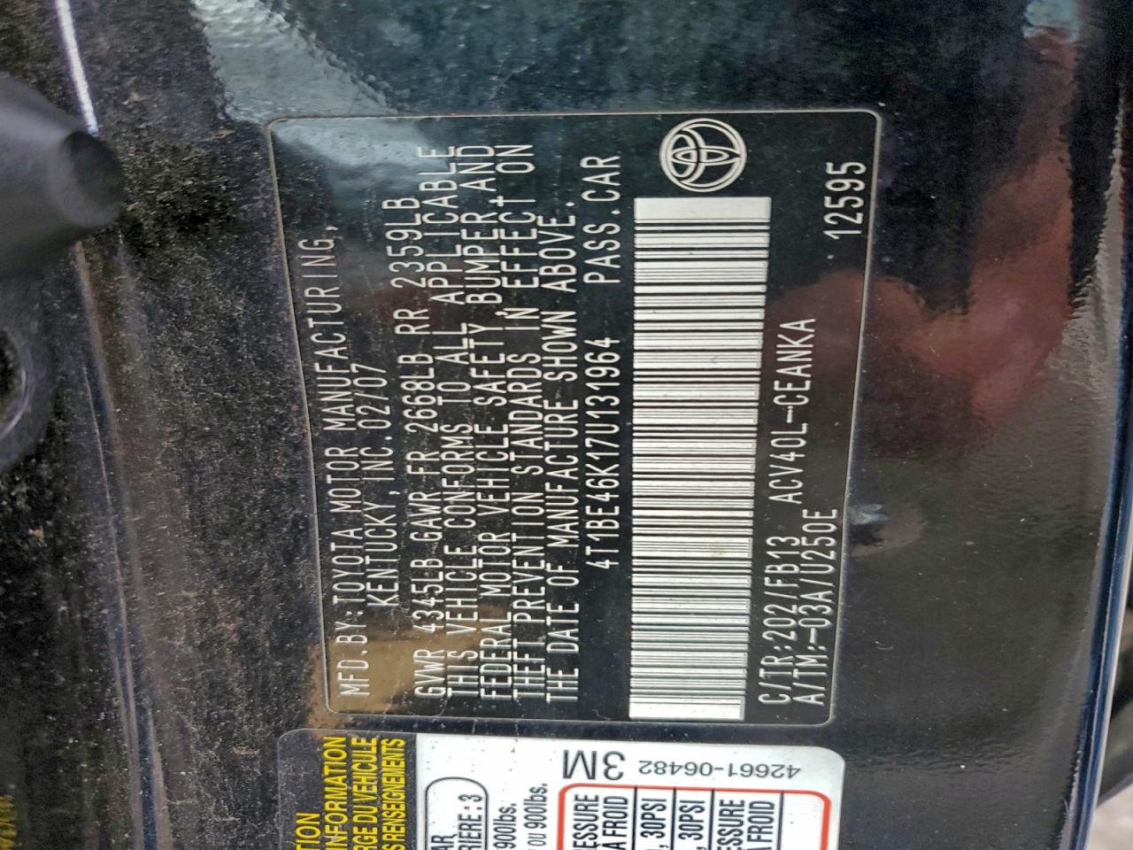 2007 Toyota Camry Ce VIN: 4T1BE46K17U131964 Lot: 93949285