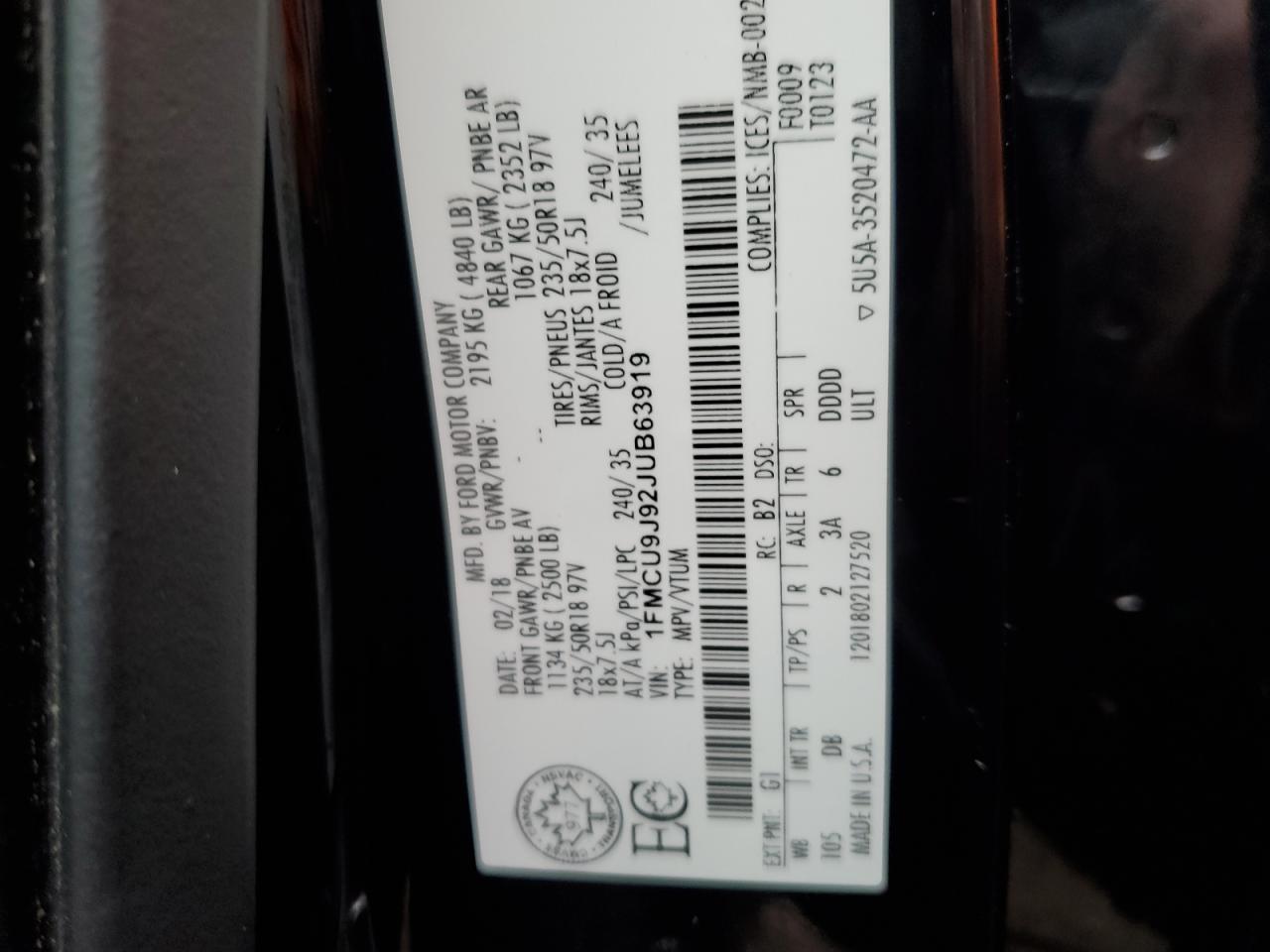 2018 Ford Escape Titanium VIN: 1FMCU9J92JUB63919 Lot: 91175635