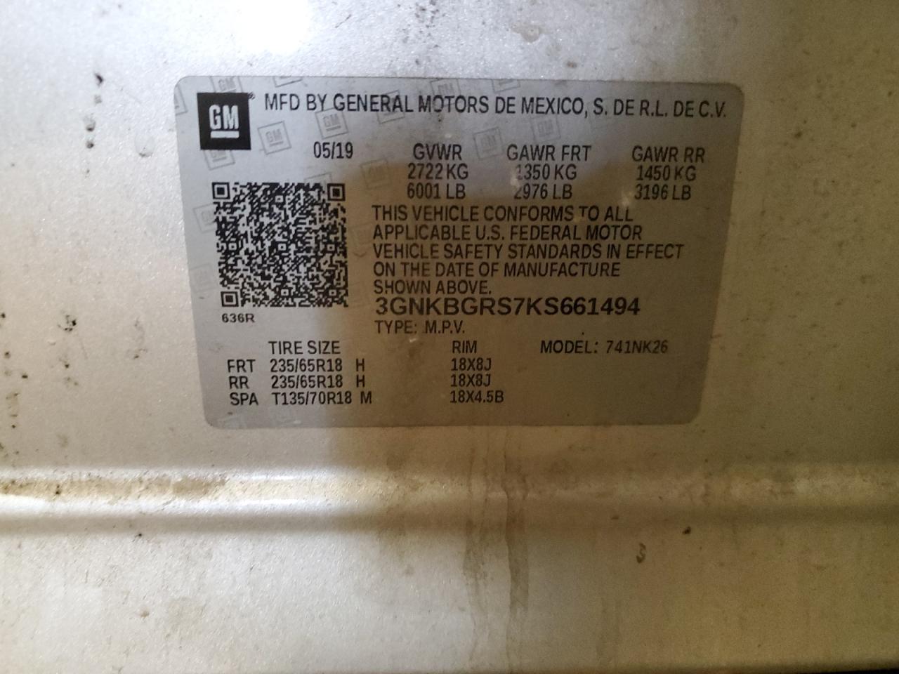 2019 Chevrolet Blazer 2Lt VIN: 3GNKBGRS7KS661494 Lot: 91587995