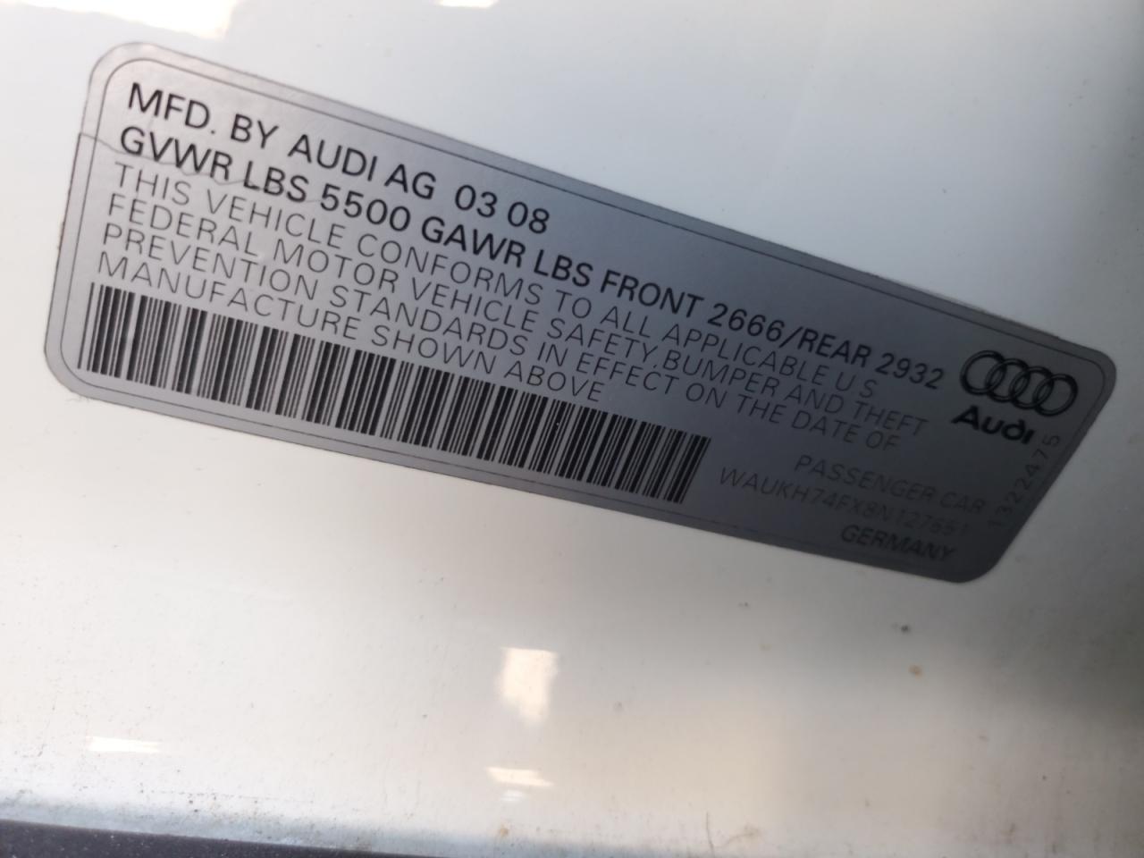 2008 Audi A6 Avant Quattro VIN: WAUKH74FX8N127651 Lot: 93391385