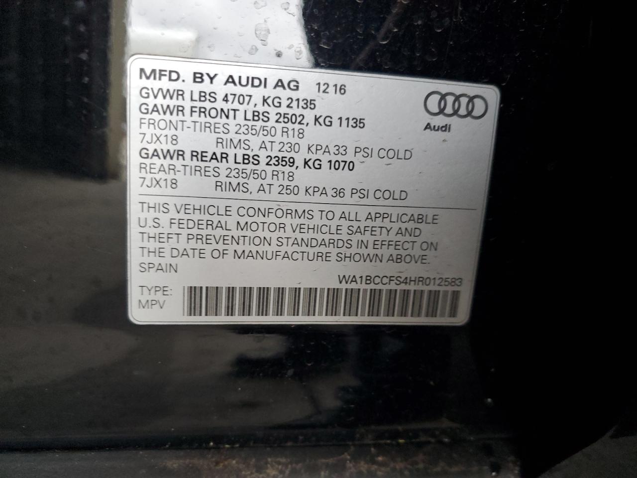 2017 Audi Q3 Premium VIN: WA1BCCFS4HR012583 Lot: 93299055