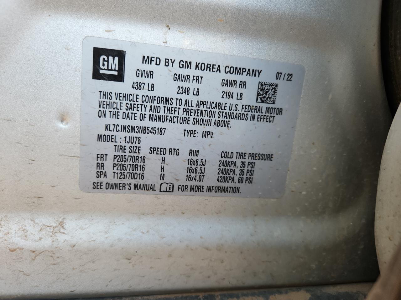 2022 Chevrolet Trax Ls VIN: KL7CJNSM3NB545187 Lot: 93216305