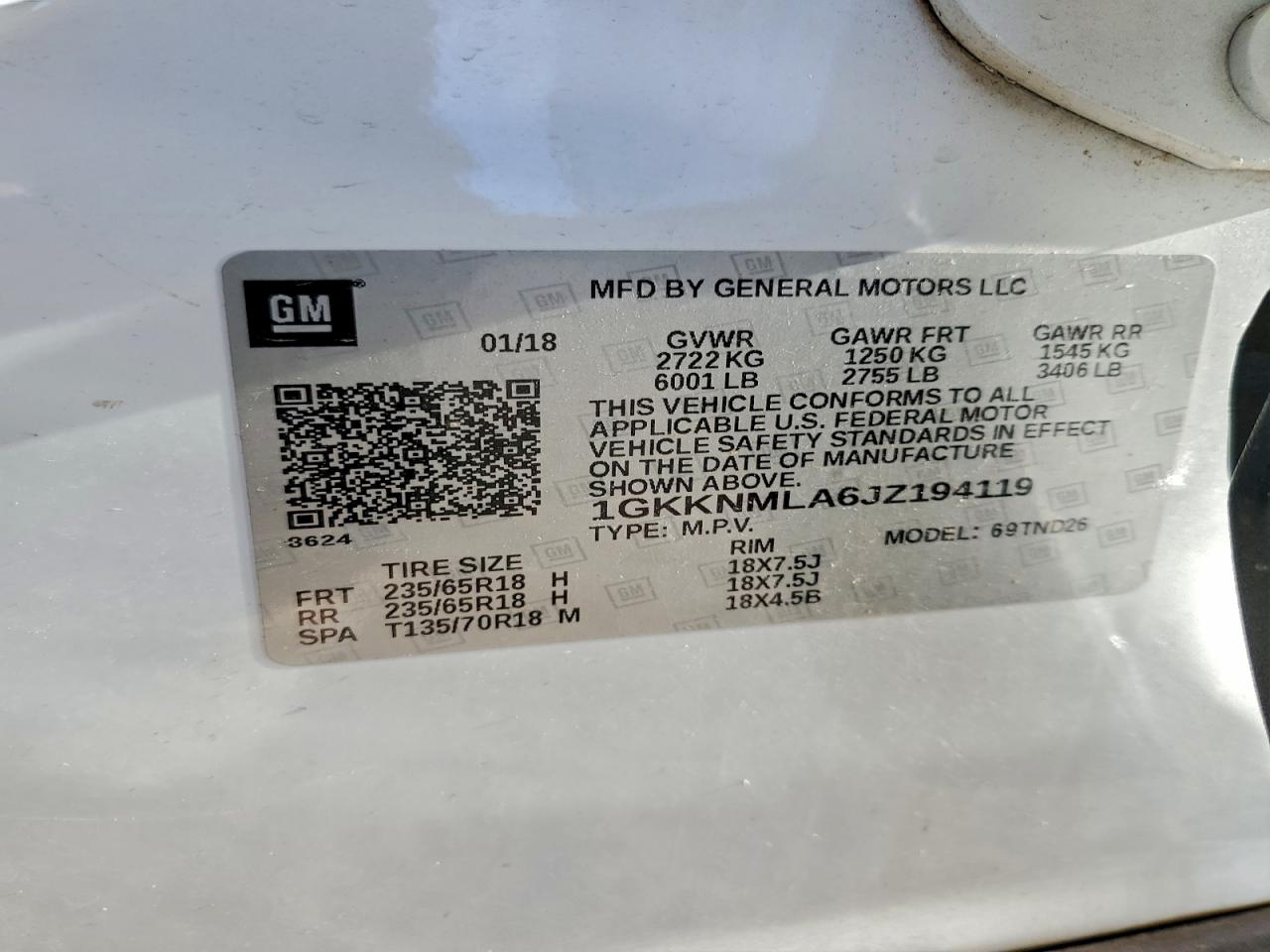 2018 GMC Acadia Slt-1 VIN: 1GKKNMLA6JZ194119 Lot: 93922925