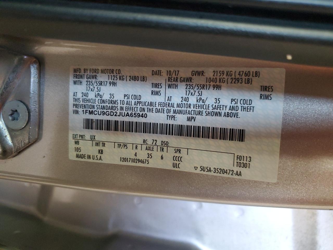 2018 Ford Escape Se VIN: 1FMCU9GD2JUA65940 Lot: 92691545