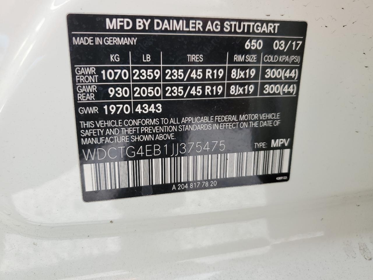 2018 Mercedes-Benz Gla 250 VIN: WDCTG4EB1JJ375475 Lot: 93094695