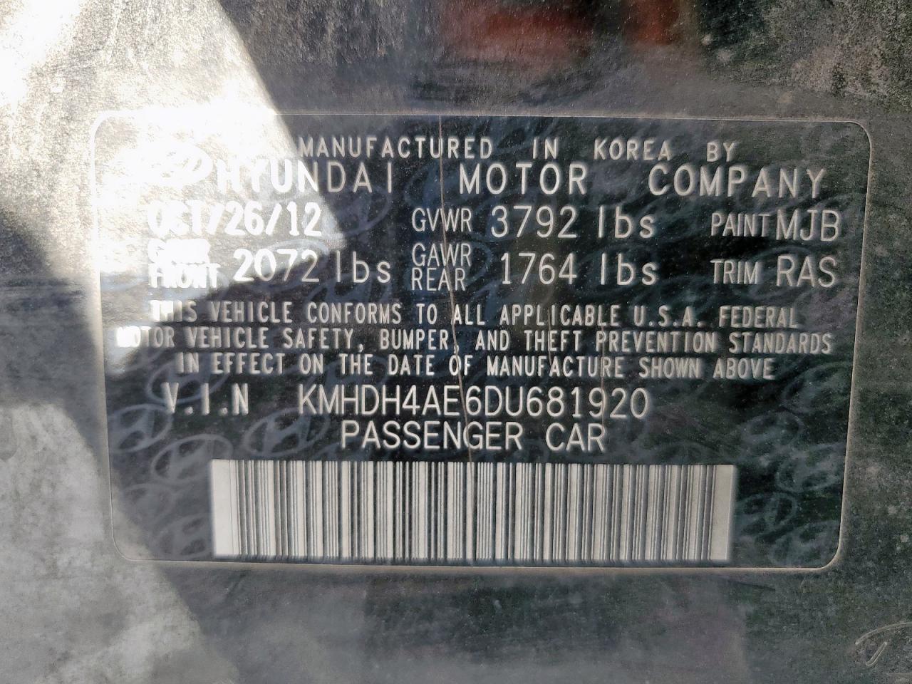 2013 Hyundai Elantra Gls VIN: KMHDH4AE6DU681920 Lot: 91198405