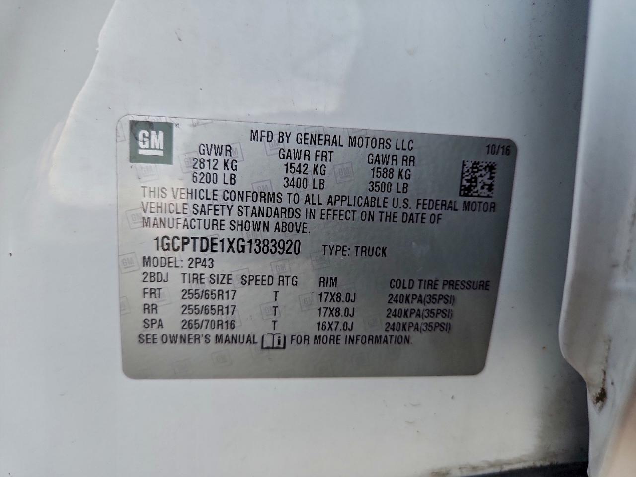 2016 Chevrolet Colorado Z71 VIN: 1GCPTDE1XG1383920 Lot: 93203605