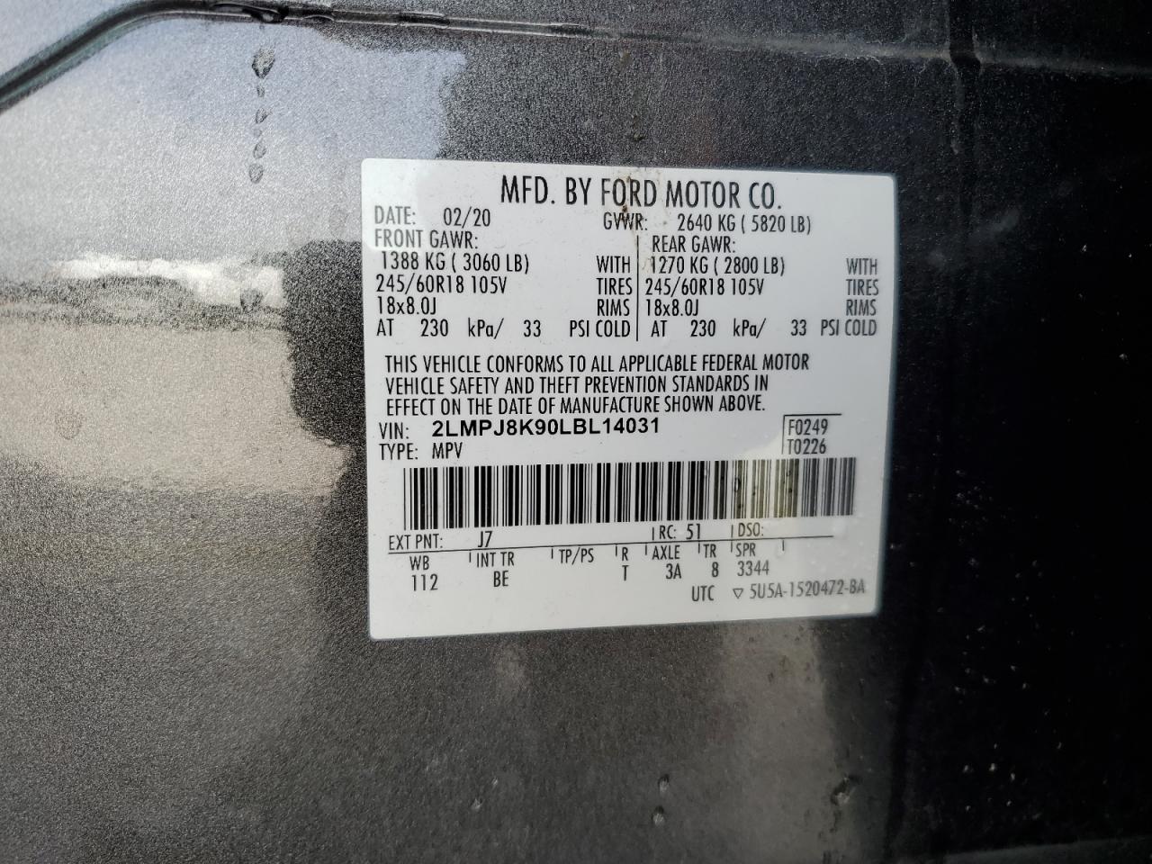 2020 Lincoln Nautilus Reserve VIN: 2LMPJ8K90LBL14031 Lot: 85421745