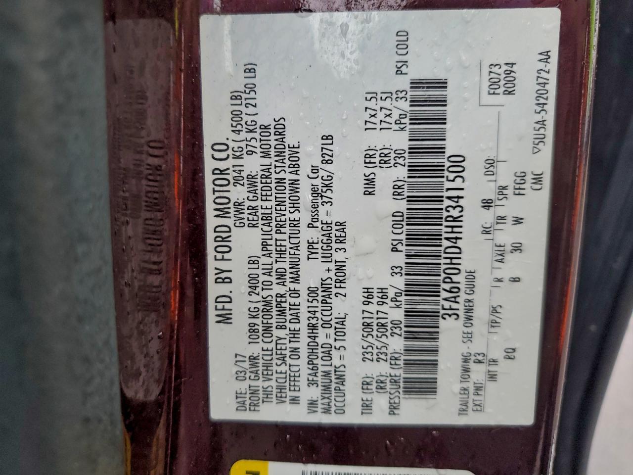 2017 Ford Fusion Se VIN: 3FA6P0HD4HR341500 Lot: 94476375