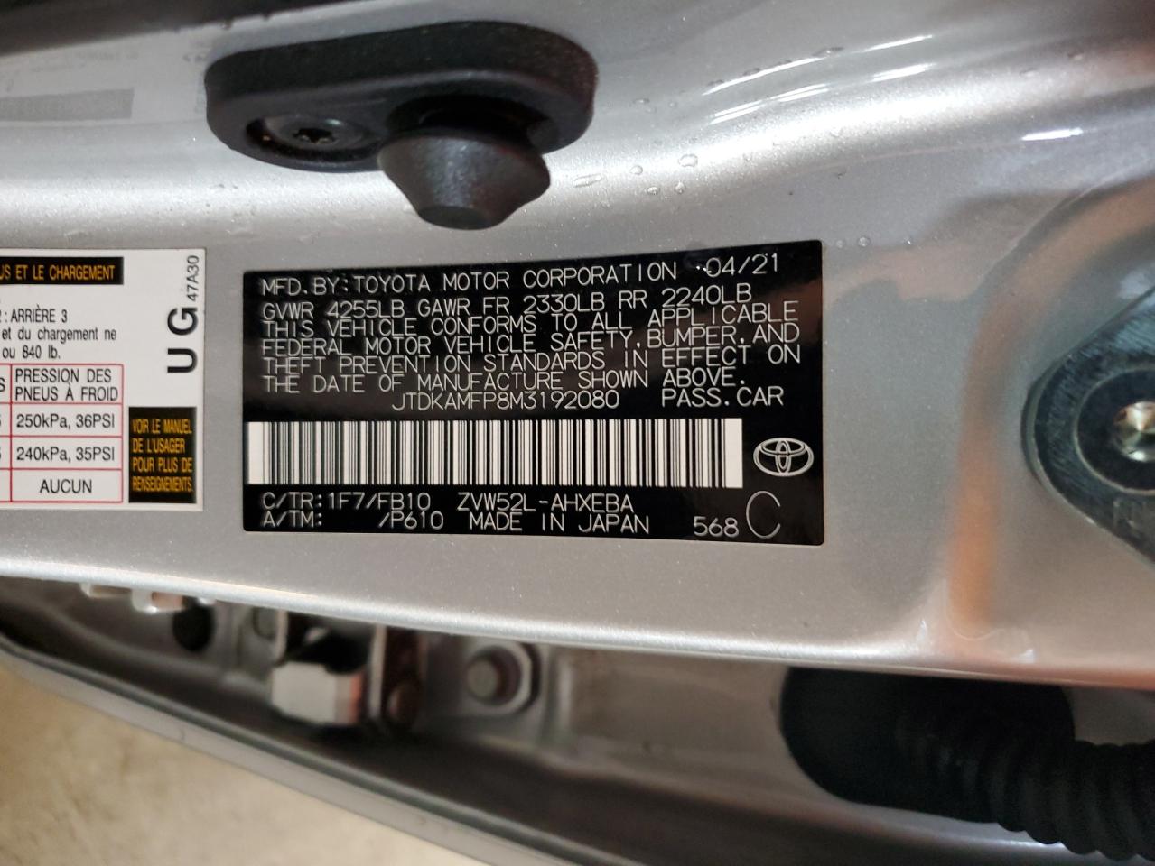 2021 Toyota Prius Prime Le VIN: JTDKAMFP8M3192080 Lot: 93092875