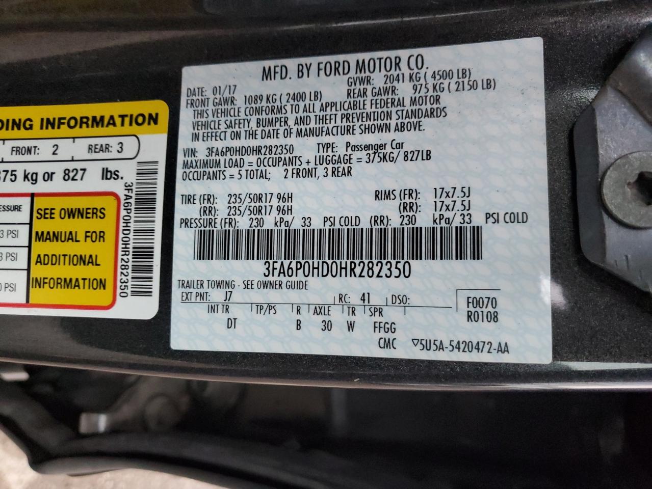 2017 Ford Fusion Se VIN: 3FA6P0HD0HR282350 Lot: 91636065