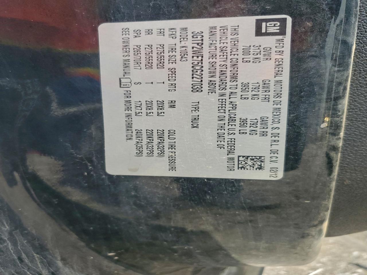 2012 GMC Sierra K1500 Slt VIN: 3GTP2WE75CG227038 Lot: 93814955