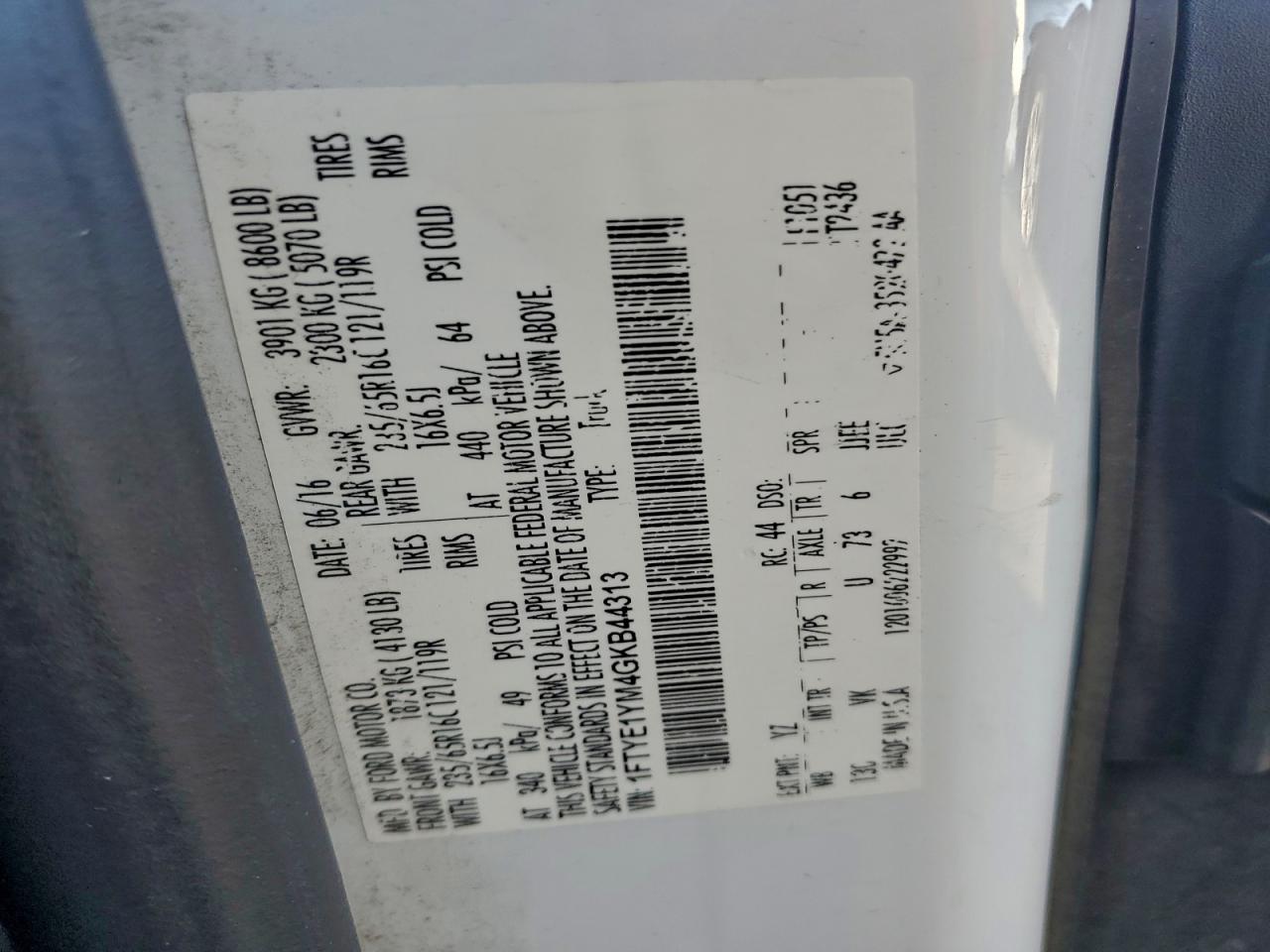 2016 Ford Transit T-150 VIN: 1FTYE1YM4GKB44313 Lot: 93295075