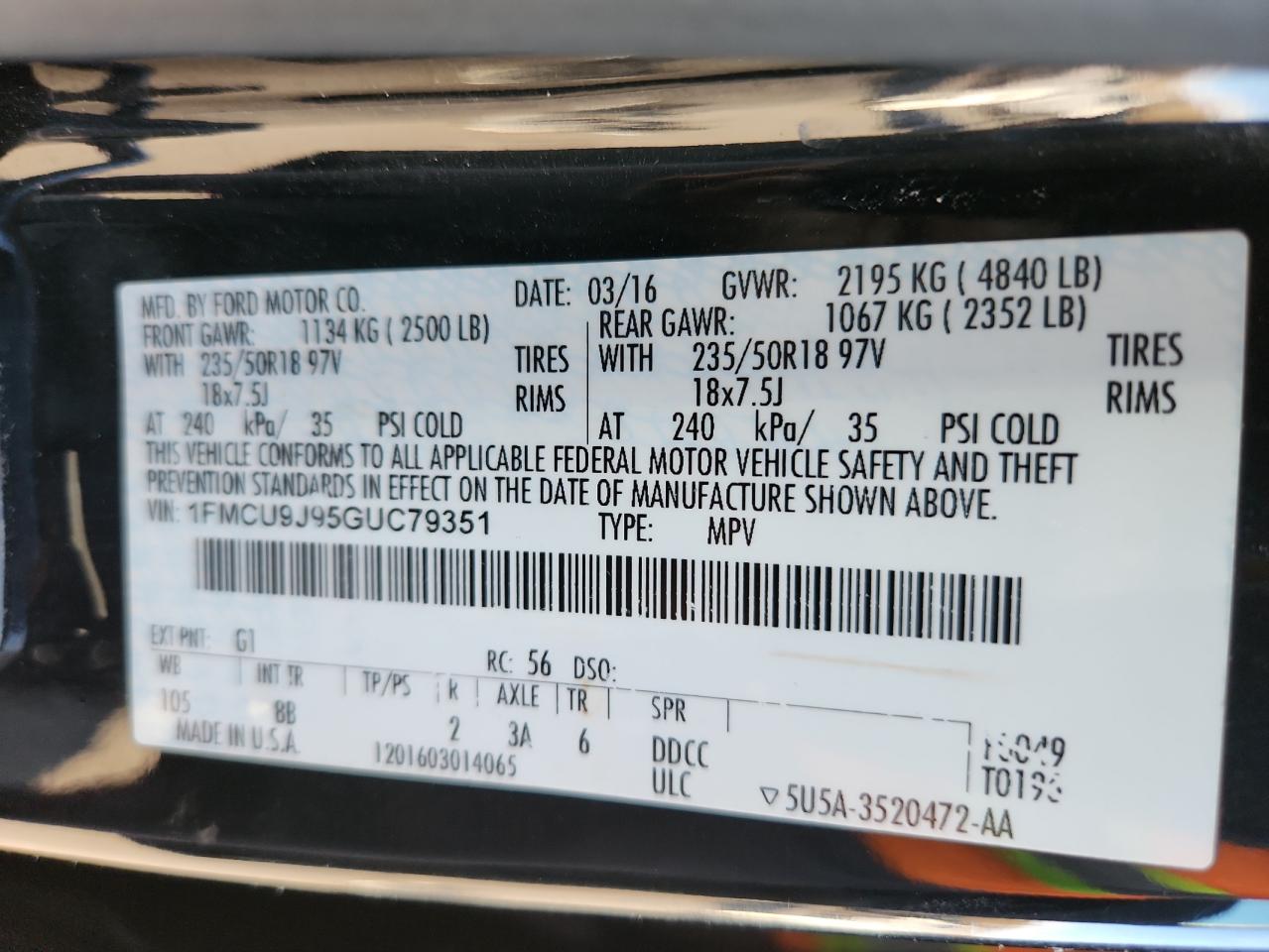 2016 Ford Escape Titanium VIN: 1FMCU9J95GUC79351 Lot: 93479295