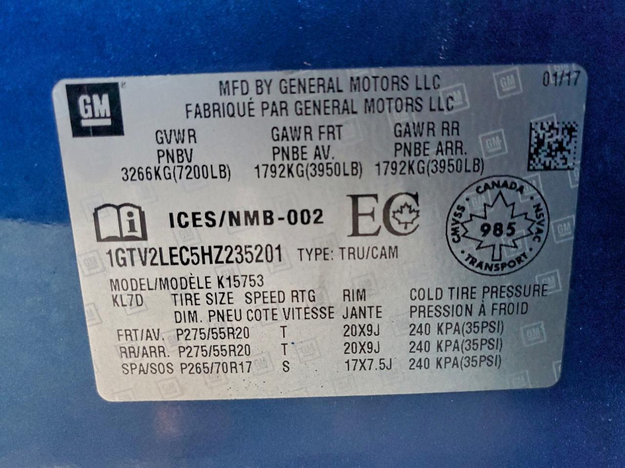 2017 GMC Sierra K1500 VIN: 1GTV2LEC5HZ235201 Lot: 94078975