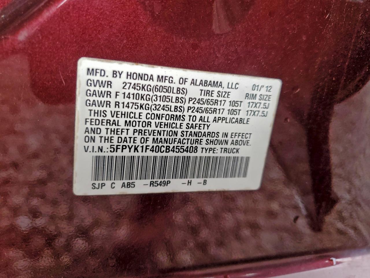 2012 Honda Ridgeline Rts VIN: 5FPYK1F40CB455408 Lot: 94508705