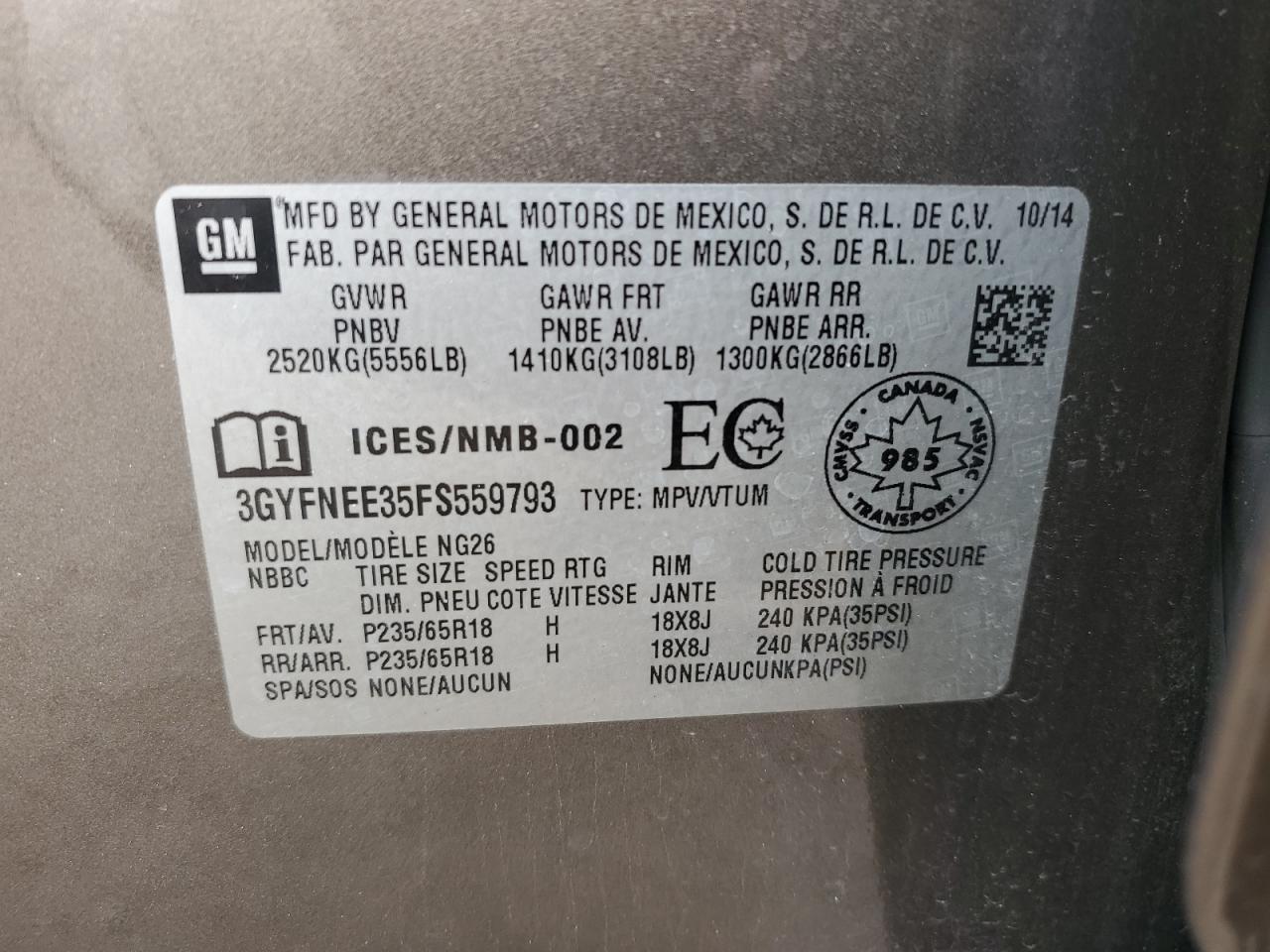 2015 Cadillac Srx Luxury Collection VIN: 3GYFNEE35FS559793 Lot: 91493105