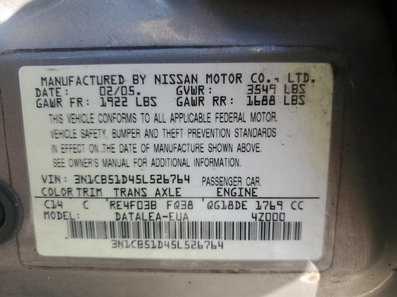 2005 Nissan Sentra 1.8 VIN: 3N1CB51D45L526764 Lot: 92840285
