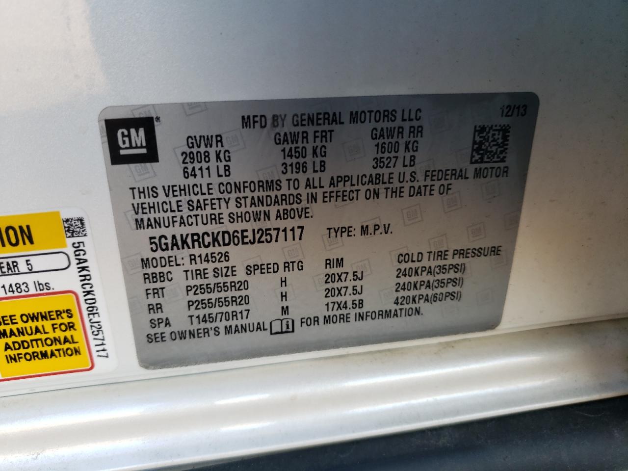 2014 Buick Enclave VIN: 5GAKRCKD6EJ257117 Lot: 93300585