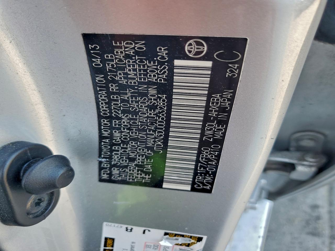 2013 Toyota Prius VIN: JTDKN3DU0D5632854 Lot: 86704465