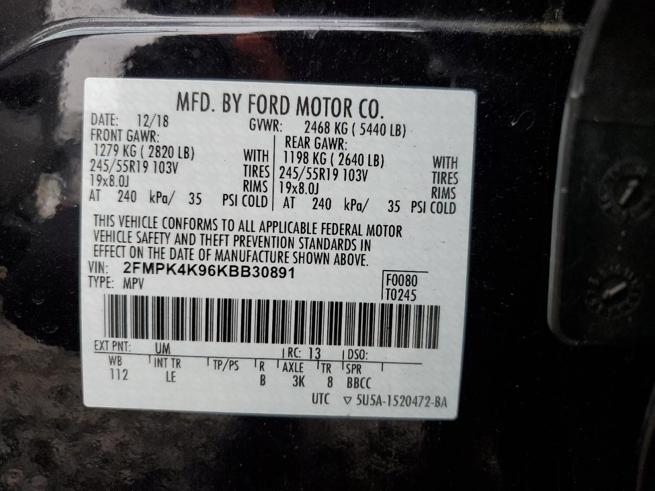 2019 Ford Edge Titanium VIN: 2FMPK4K96KBB30891 Lot: 92567575